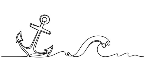 Anchor and sea wave drawing made with a single continuous black line art style for nautical and marine design concepts and travel illustration themes Vector, illustration © Creative_Outline2019