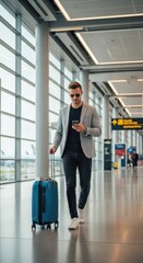 Fototapeta premium Man walking through modern terminal holding phone and pulling luggage. Bright interior with large windows.