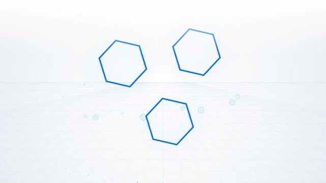 Three blue hexagons arranged in a triangular formation on a white background.