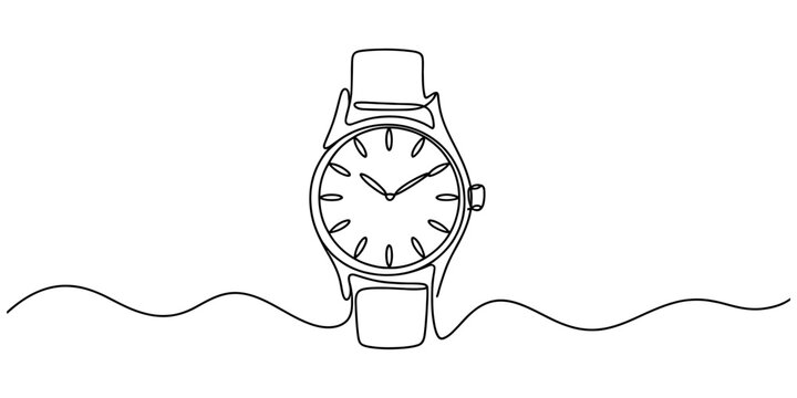 Continuous single line drawing of a wrist watch with a classic leather strap and round dial face for time management and fashion accessory concept Vector, illustration