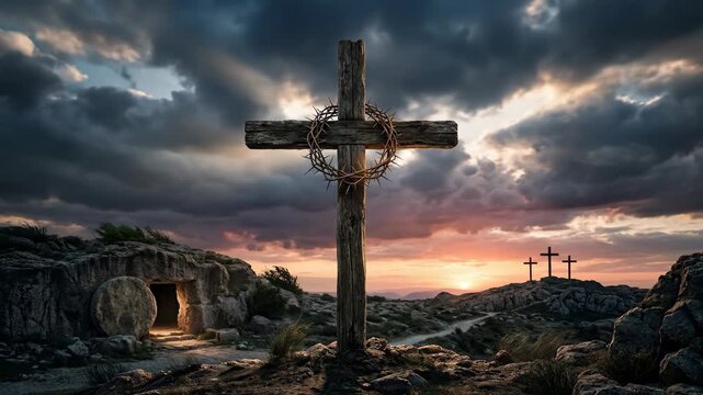 Wooden cross with crown of thorns standing near empty tomb at sunset. Resurrection of Jesus Christ concept. Religious Easter scene with three crosses on hill crest.