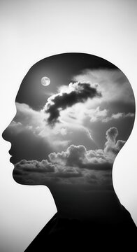 Human head silhouette with moon and clouds inside. Concept of imagination and thought process.