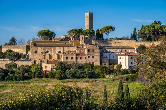 View of the Church of Santa Maria in Castello and the medieval tower in Tarquinia, Italy