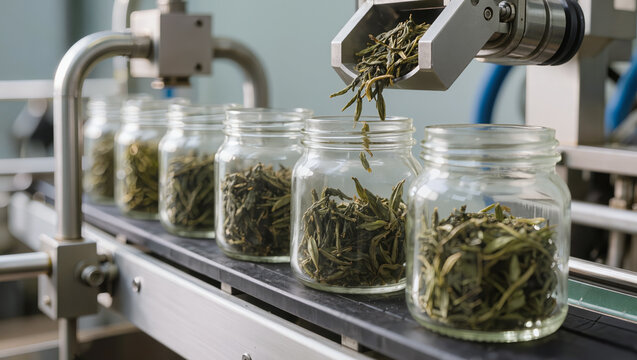 Automated industrial production line filling glass jars with loose leaf green tea, representing tea manufacturing, packaging process, and automated food technology