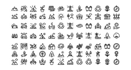 Fototapeta premium Editable Landscape Line Icon Set Featuring Natural Scenery Elements