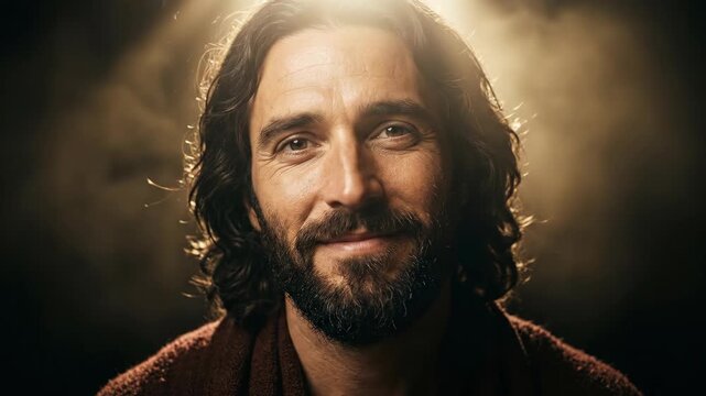 Jesus Christ smiling with compassionate facial expression. Religious figure looking at camera in spiritual lighting. Saintly man embodying peace and divine grace mercy.