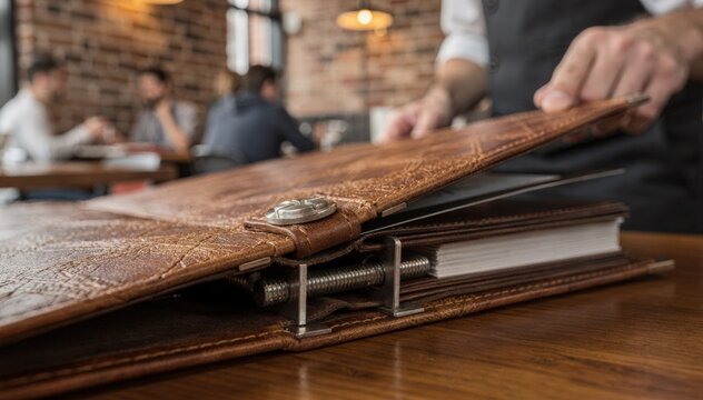 Footage focusing on a screwpost leather menu cover highlighting the industrial chic design and practical insert replacement ideal for busy dining establishments.