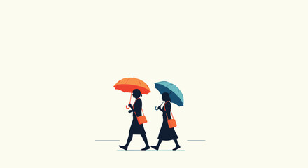 Fototapeta premium Dark silhouettes of two women walking in profile while carrying colorful umbrellas on a light cream colored background.