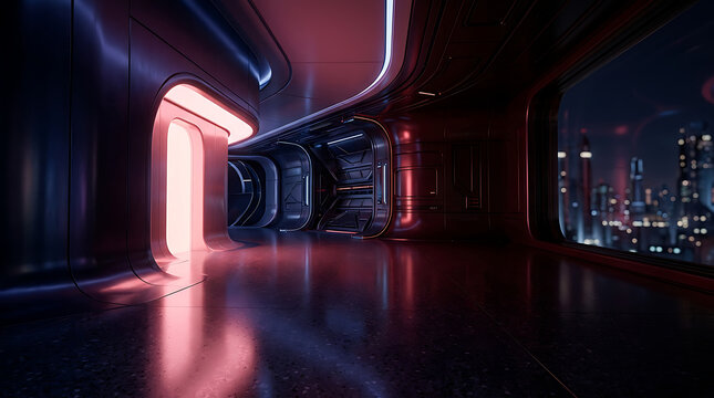 Futuristic spaceship corridor interior with neon pink lighting and cityscape view through a large panoramic window in a dark high tech sci fi environment
