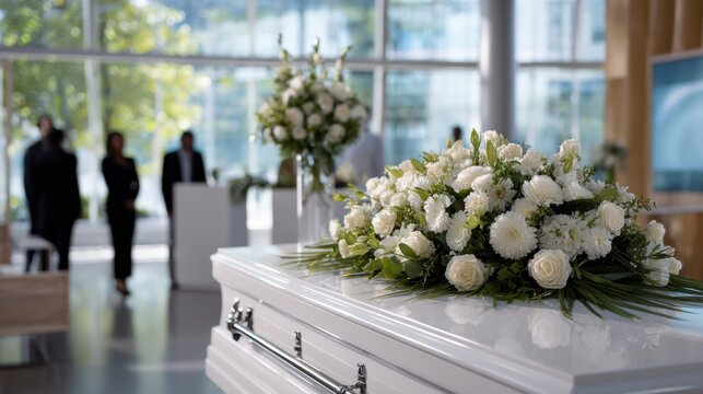 White coffin adorned with fresh white flowers in a bright modern funeral home while mourners dressed in black pay respects in the background