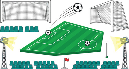Soccer Stadium and Football Field Element Vector Set with Goals Net Floodlights Seats Corner Flag and Flying Balls for Match Graphic Designs © Md 