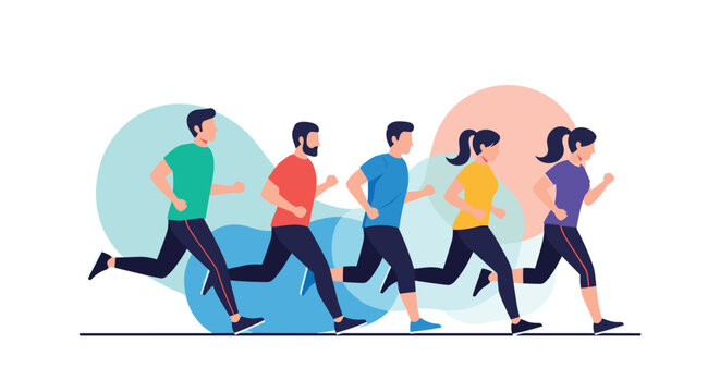 Dynamic row of five diverse men and women running together against a background of soft abstract colored shapes.
