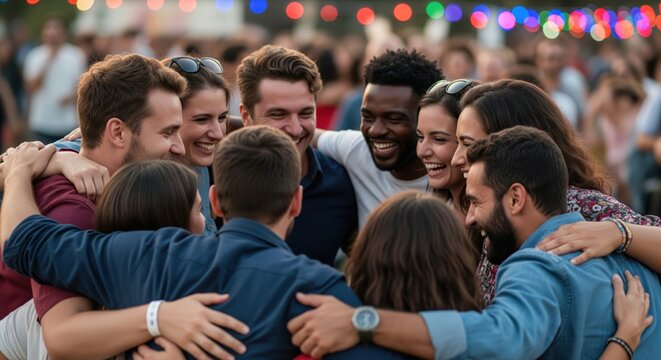 Diverse group of smiling friends huddling together at outdoor night festival with colorful bokeh lights.