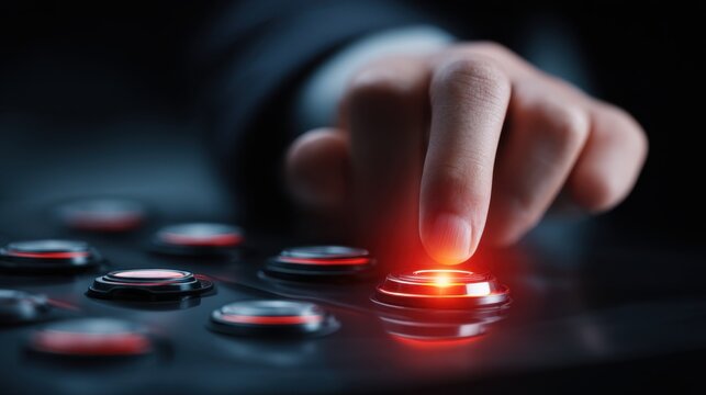 Human finger pressing illuminated red button on futuristic control panel with additional glowing buttons in a low light high-tech environment
