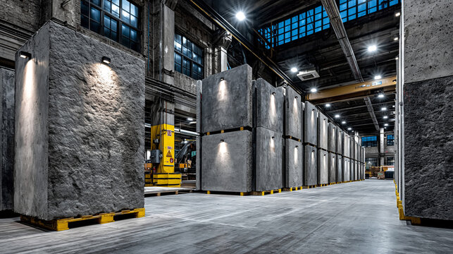 Heavy concrete blocks and fiber cement panels stored on pallets inside a spacious manufacturing facility at night