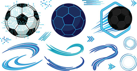 Futuristic Cyber Soccer Ball Element Set with Digital Circuit Technology Patterns Speed Trails and Abstract UI Icons for Tech Sport Graphic Designs © Md 