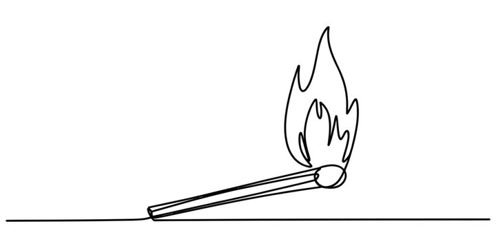 Continuous single line drawing of a burning matchstick with a flame flickering representing light heat energy and fire safety conceptual design illustration Vector, illustration