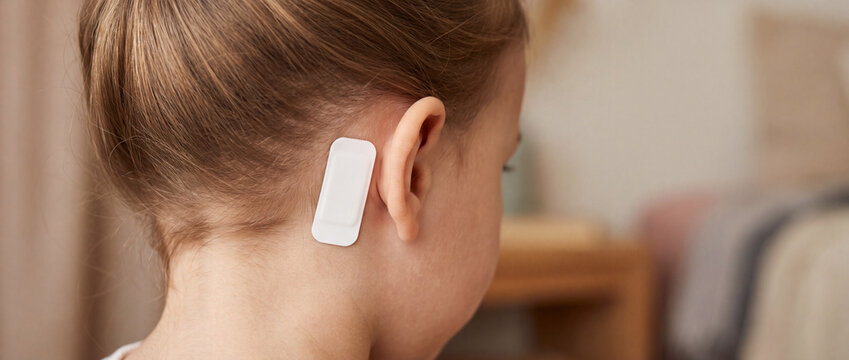 Young child wearing adhesive medical temperature patch behind ear in home interior close-up