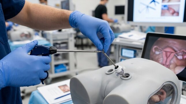 A medical professional, wearing blue gloves, demonstrates a laparoscopic surgical procedure on a training model, highlighting advancements in healthcare technology and surgical training.