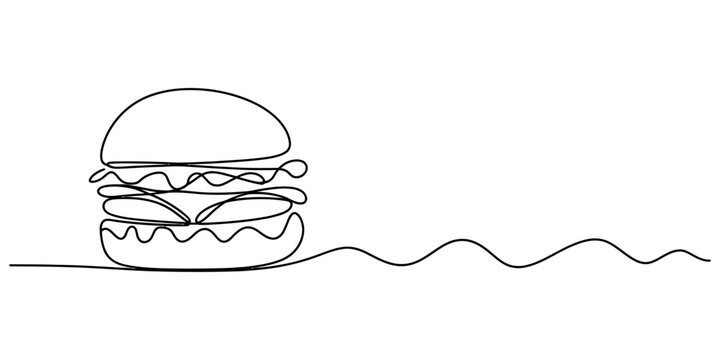 Continuous single line drawing of a delicious hamburger sandwich with cheese and fresh lettuce for fast food restaurant menu and logo design concept Vector, illustration
