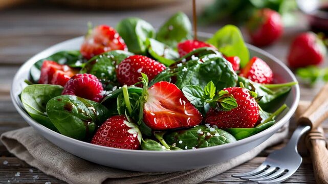 Fresh spinach and strawberry salad with vinaigrette drizzle in white bowl