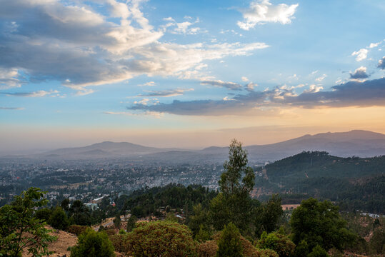 Panoramic view of Addis Ababa from Mount Entoto at sunset, Ethiopia