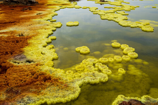 Yellow acid pools and mineral formations in Dallol, Ethiopia