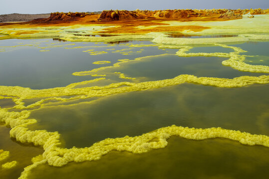 Acid pools and sulfur formations in the Dallol desert