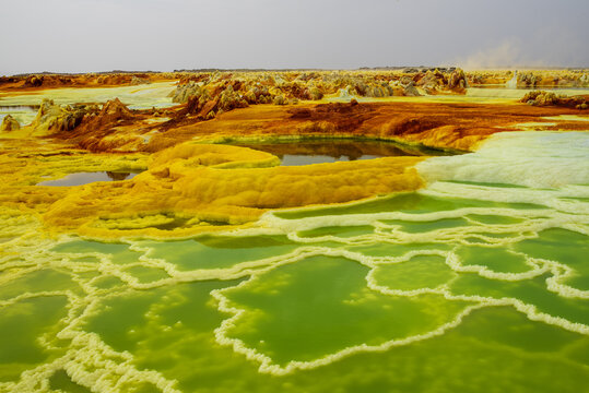 Acid pools and sulfur formations in the Dallol desert