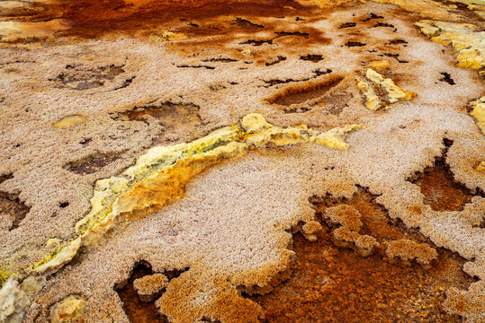 Geological texture of salt deposits and oxides in Dallol
