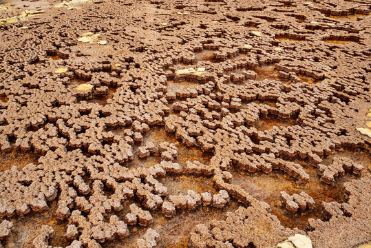 Rugged salt terraces and sulfur deposits in Dallol