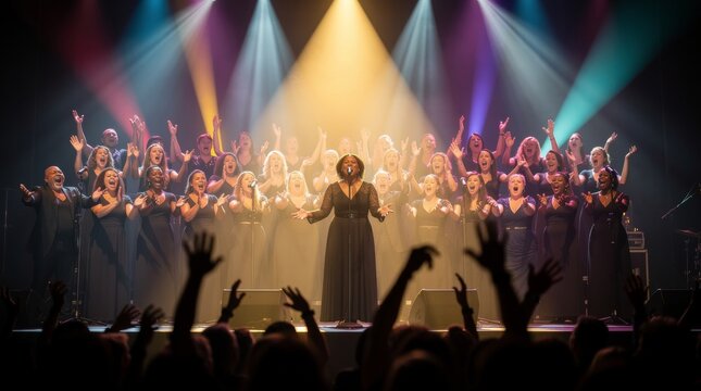 Soloist Leads Choir Performance Under Dramatic Stage Lights