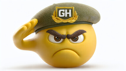 Fototapeta premium Angry yellow emoji character wearing a green military beret saluting smartly
