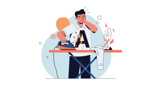 Shocked young man accidentally burning his favorite white shirt on an ironing board with smoke rising in panic.