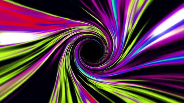 Vibrant neon colorful lines twirling into a central black hole creating a dynamic energy vortex tunnel animation on a dark background for motion graphics