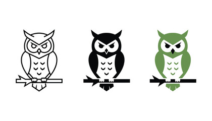 Obraz premium Set of three stylized owl icons in outline and solid and colored versions for graphic design projects