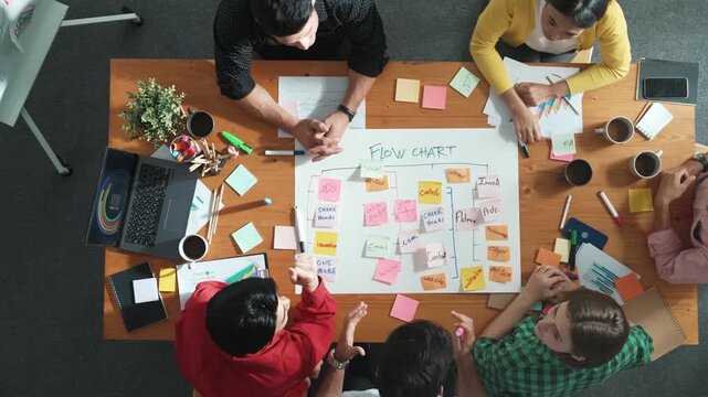 Top down aerial view of professional business people hands making scrum task board to manage workflow in workplace. Diverse smart team shaking hand and making agreement at meeting room. Convocation.