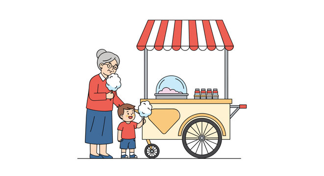 Loving grandmother buys sweet blue cotton candy for her happy little grandson from a cute striped street cart.
