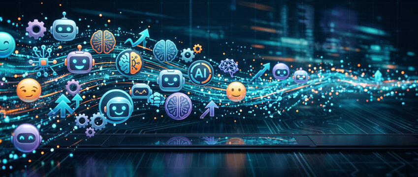 Flux num&eacute;rique horizontal d'ic&ocirc;nes futuristes de robots et d'intelligence artificielle