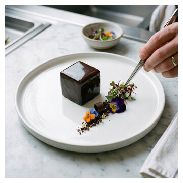 Cube de chocolat brillant gastronomique d&eacute;cor&eacute; de fleurs comestibles sur assiette blanche