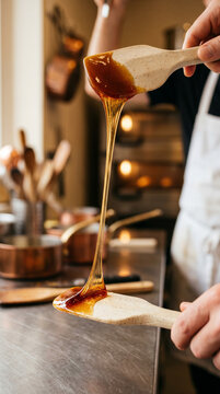Gros plan sur du caramel chaud et &eacute;tirable coulant entre deux spatules en bois dans une cuisine de p&acirc;tisserie