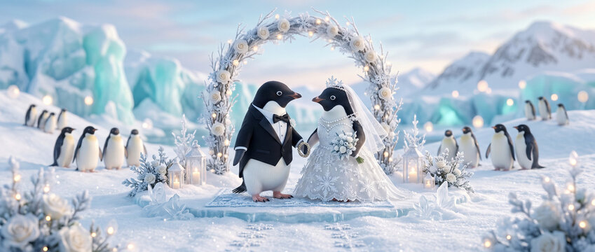 Illustration fantastique d'un mariage de manchots en costume et robe blanche sous une arche en Antarctique