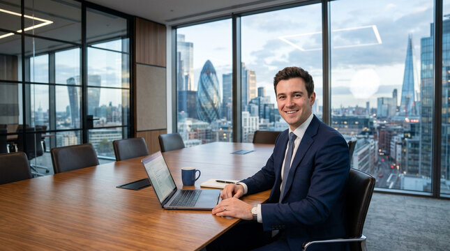 Homme d'affaires souriant assis avec ordinateur portable dans une salle de r&eacute;union moderne &agrave; Londres