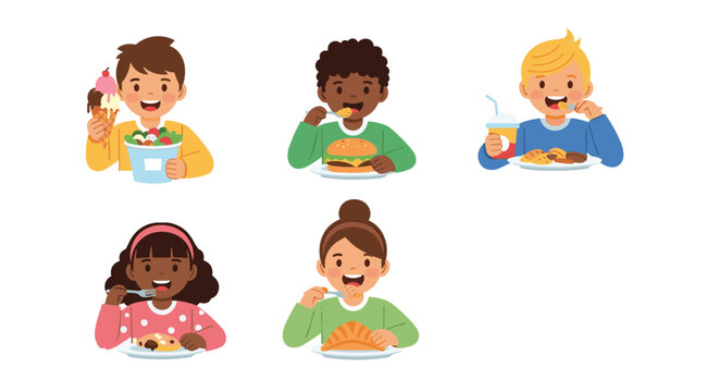 Set of five diverse cartoon children eating different delicious meals and snacks on a white background.