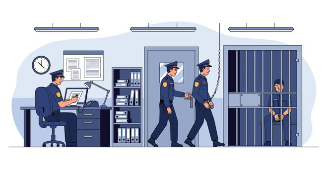 Police officers working at the precinct while another guard escorts a handcuffed suspect to the jail cells.