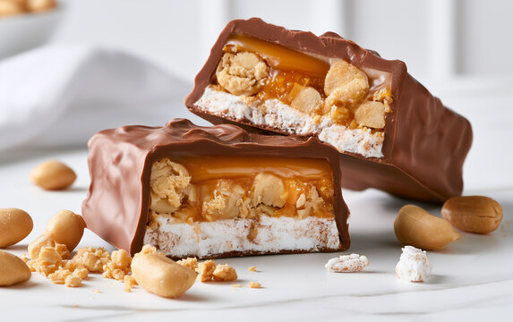 Chocolate bar split open revealing caramel nougat and peanuts. Snack bar isolated on white background. Tasty sweet treat with nuts and chewy filling