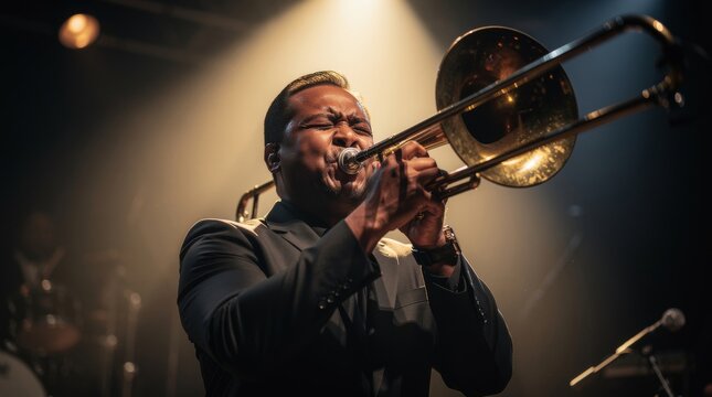 Musician plays trombone with passion on stage under spotlight