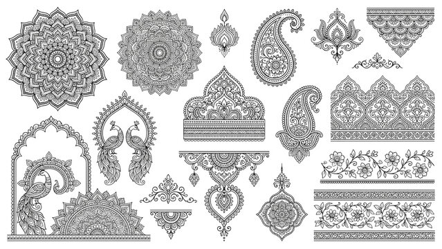 Intricate traditional mehndi henna design for Indian weddings and celebrations. Elegant floral, Paisley, and detailed geometric patterns. Premium vector art