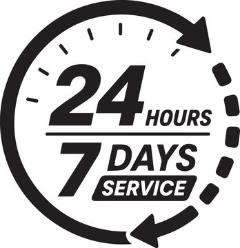 24 hours 7 days service clock icon on white background
