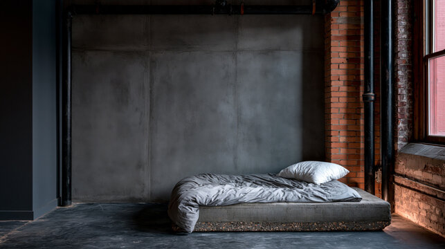 Minimalist loft bedroom interior featuring a low concrete bed frame with grey linens against a dark fiber cement wall and brick column